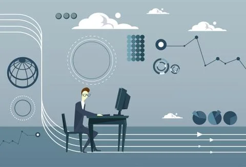 Business Man Working On Computer Thinking Brainstorming Concept Over Abstract Stock Illustration