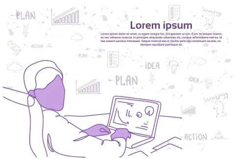 Business Man Working With Data On Laptop Computer Charts And Graphs Over Doodle Stock Illustration