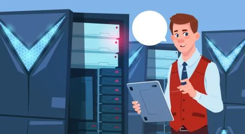 Business Man Working On Digital Tablet In Modern Database Center Or Server Room Illustrazione stock
