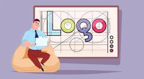Business Man Working On Laptop Computer Over Logo Word Creative Graphic Design 库存插图
