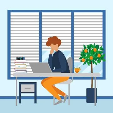 Business man working at laptop sit at desk in office vector illustration. Stock Illustration