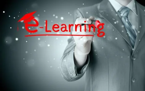 Business man writing e-learning concept Illustrazione stock