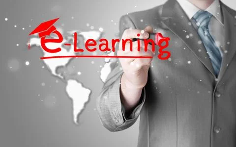 Business man writing e-learning concept Illustrazione stock