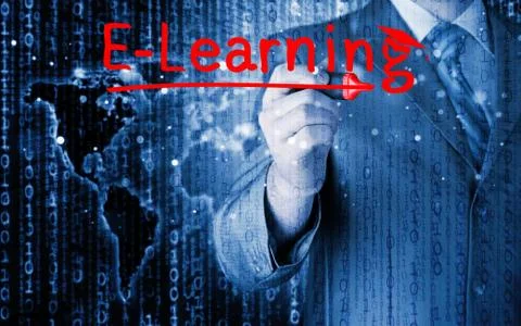 Business man writing e-learning concept 스톡 일러스트