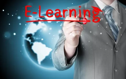 Business man writing e-learning concept Illustrazione stock