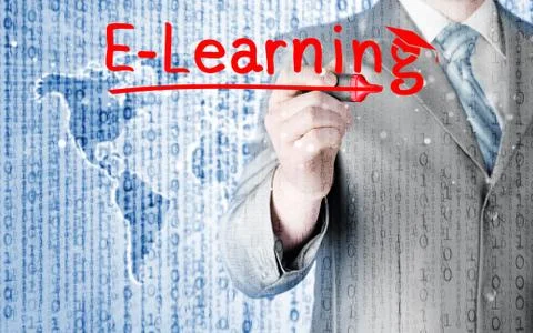 Business man writing e-learning concept Illustrazione stock