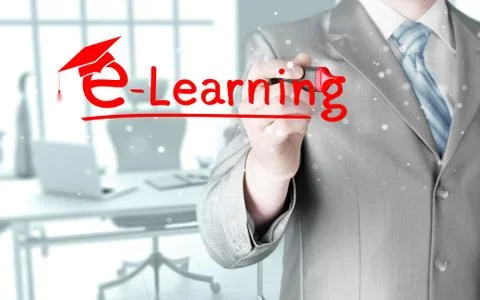 Business man writing e-learning concept Illustrazione stock