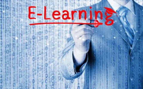 Business man writing e-learning concept Illustrazione stock