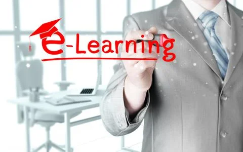 Business man writing e-learning concept Illustrazione stock