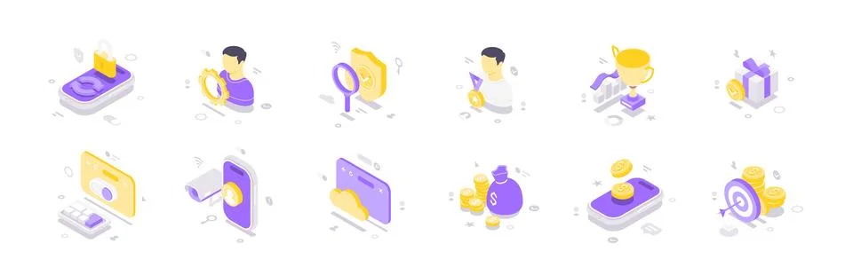Business management and data security isometric vector illustration icon set. Stockillustratie