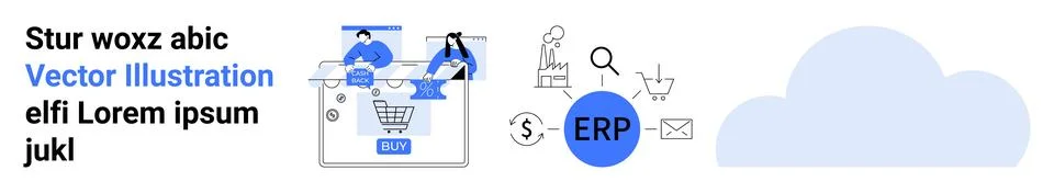 Business management, cloud technology, e-commerce, ERP systems, data analysis Illustrazione stock