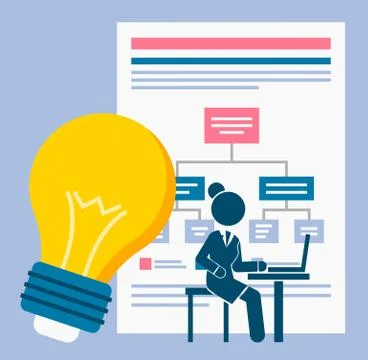 Business management concept. Development of an action plan, bulb and large board Illustrazione stock