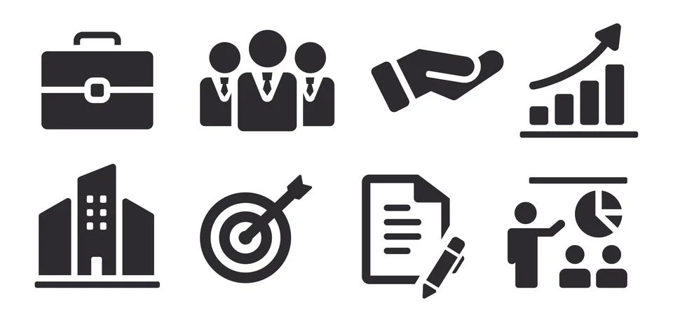Business management icons set solid glyph briefcase team hand growth chart Stock Illustration