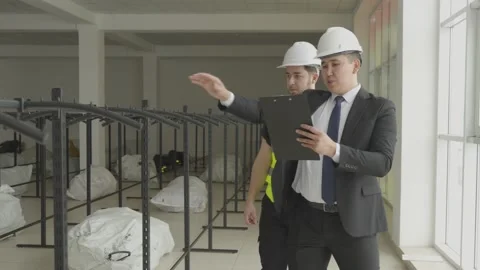 Business Manager and Construction Worker Discussing Warehouse Inspection Vídeo Stock 345538513