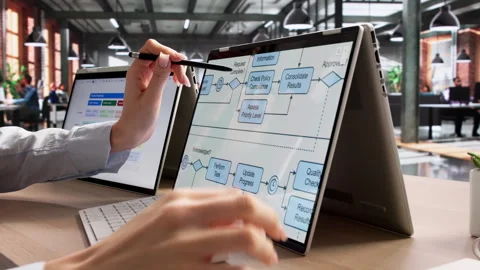 Business Manager Carefully Analyzing Workflow Chart Stock Footage 334927570