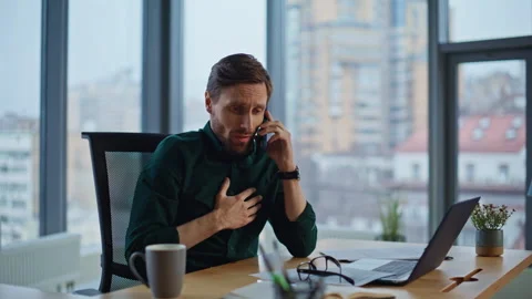 Business manager concerned call sitting workplace with panoramic window closeup. Stock Footage 340237003