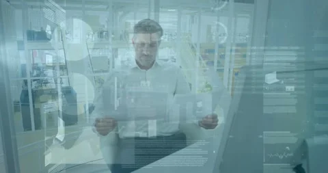 Business manager picking up document and comparing animated charts on monitor, Stock Footage 333968516