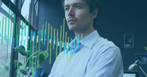 Business manager at window uncrossing, touching chin, camera pull overlaying Stock Footage 323270075