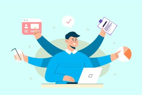 Business mandealing multi task new idea. working on laptop Stock Illustration