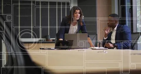 Business meeting with data analytics image over diverse professionals in office Illustrazione stock