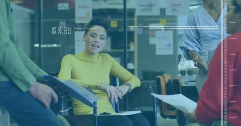 Business meeting with data visualization image over diverse professionals Stock Photos