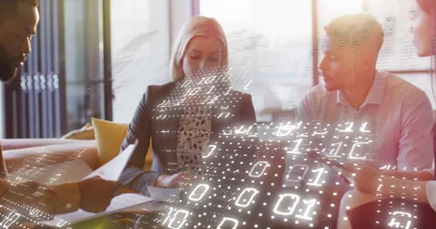 Business meeting with digital binary code animation overlaying diverse Stock Footage 305817091