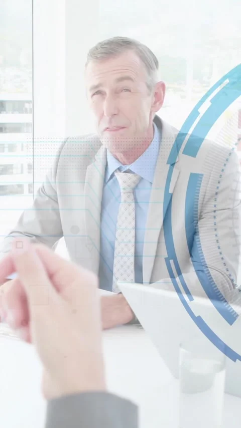 Business meeting with digital data processing animation over diverse Stock Footage 344370441