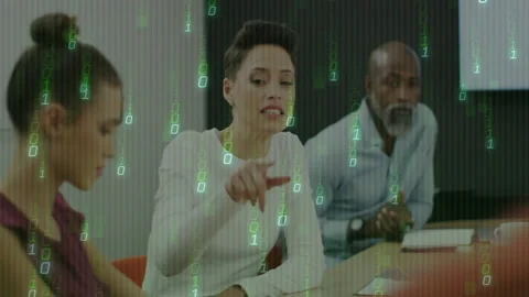 Business meeting discussion with binary code animation overlaying diverse team Video stock 303648000