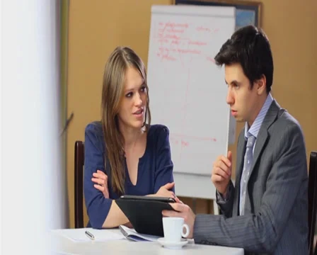 Business meeting finding solution, man woman discussing problem Stock Footage 35992738