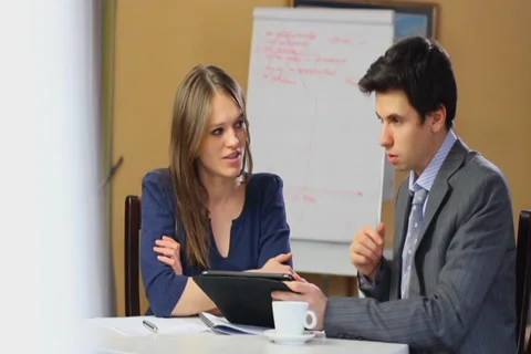 Business meeting finding solution, man woman discussing problem Stock Footage 35996585