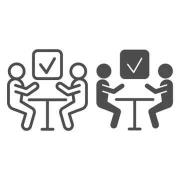 Business meeting line and solid icon. Two person at the table and marker Illustrazione stock