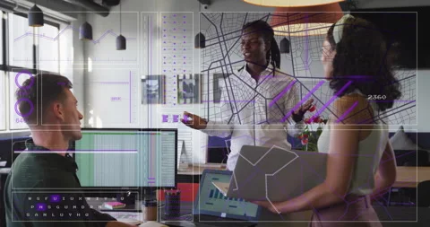 Business meeting in office with data visualization and network mapping animation Stock Footage 306637337