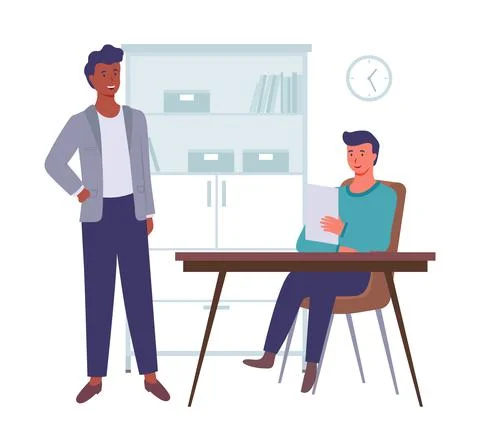 Business meeting or working process. Smiling man at a table talking to person Stock Illustration