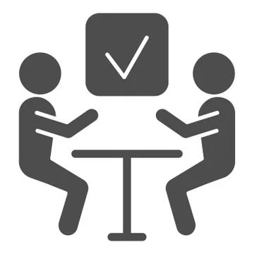 Business meeting solid icon. Two person at the table and marker checkbox glyph Stock Illustration