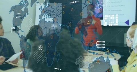 Business meeting starting with presenter gesturing at map overlay for planning, Stock Footage 315560538