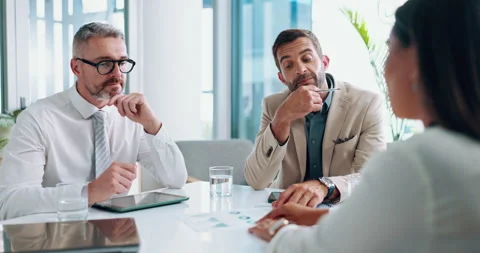 Business, men and talking with documents for interview, recruitment process and Stock Footage 303513370