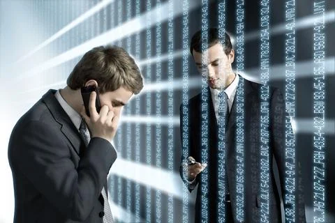 Business men with data beams, cgi 库存照片