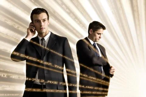 Business men with data beams, cgi Stockfoto's