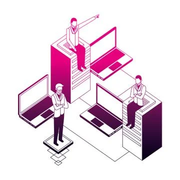 Business men with database server and laptops Illustrazione stock