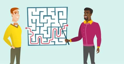 Business men looking at labyrinth with solution. Stockillustratie