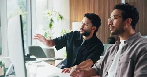 Business, men or advice with computer in office for market shift, explain stock Stock Footage 329388787