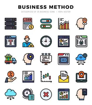 Business Method Icons Pack Lineal Color Style. Vector illustration. Ilustración de archivo