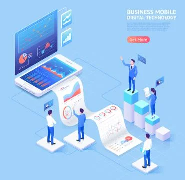 Business mobile application vector isometric illustrations. Stock Illustration