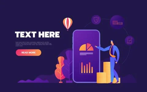 Business mobile application vector isometric illustrations on purple background. Stockillustratie