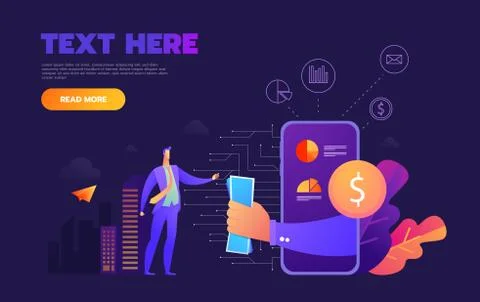 Business mobile application vector isometric illustrations on purple background Stock Illustration