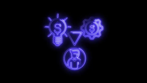 Business model neon concept idea light bulb gear person and triangle on black Stock Footage 312334003