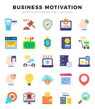 BUSINESS MOTIVATION elements. Flat web icon set. Simple vector illustration. Stock Illustration