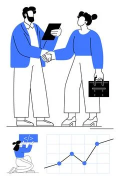 Business negotiation, data analysis, technological collaboration, coding solu Stock Illustration