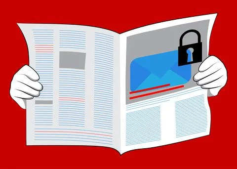 Business Newspaper with Sending encrypted E-Mail protection blue secure mail  Stock Illustration