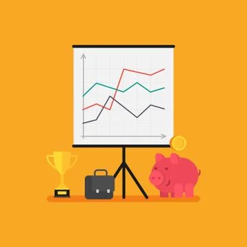 Business objects flip chart cup piggy bank briefcase. Business concept. Stock Illustration